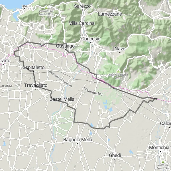 Mapa miniatúra "Cyklotrasa okolo Cazzago San Martino-Calino" cyklistická inšpirácia v Lombardia, Italy. Vygenerované cyklistickým plánovačom trás Tarmacs.app