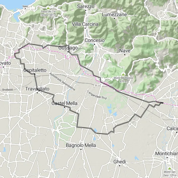 Map miniature of "Passirano to Brescia Loop" cycling inspiration in Lombardia, Italy. Generated by Tarmacs.app cycling route planner