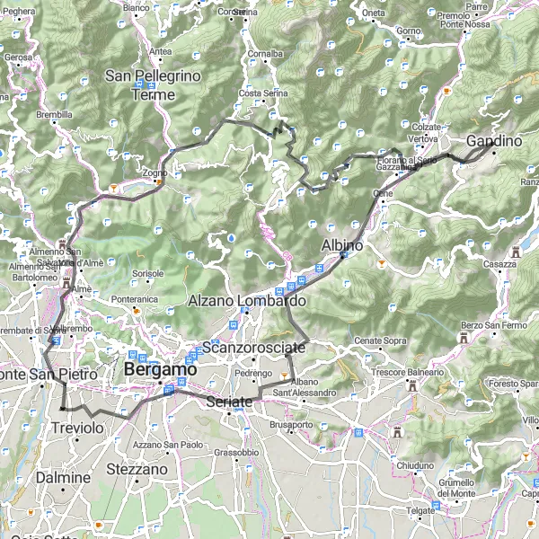 Miniaturní mapa "Cyklistický okruh kolem Bergama" inspirace pro cyklisty v oblasti Lombardia, Italy. Vytvořeno pomocí plánovače tras Tarmacs.app