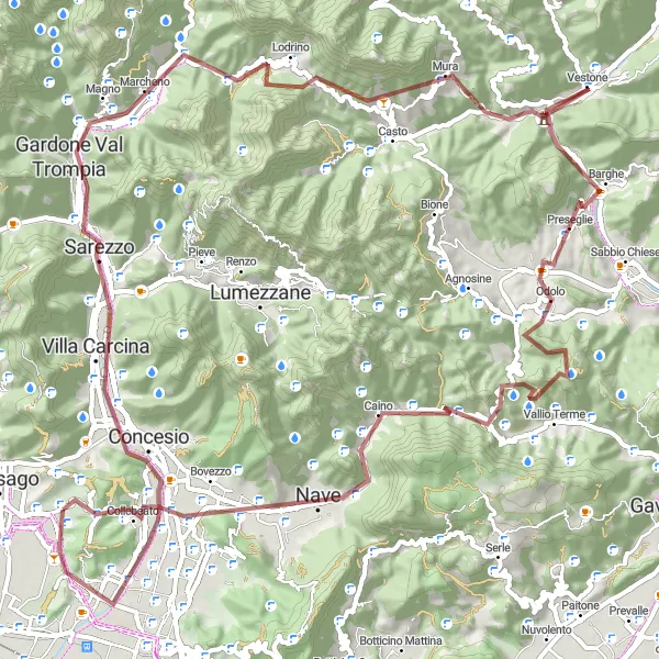 Miniatura della mappa di ispirazione al ciclismo "Giro tra i Monti e i Borghi di Brescia" nella regione di Lombardia, Italy. Generata da Tarmacs.app, pianificatore di rotte ciclistiche