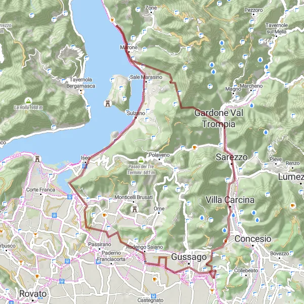 Miniatura della mappa di ispirazione al ciclismo "Gravel tra Marone e Sarezzo" nella regione di Lombardia, Italy. Generata da Tarmacs.app, pianificatore di rotte ciclistiche