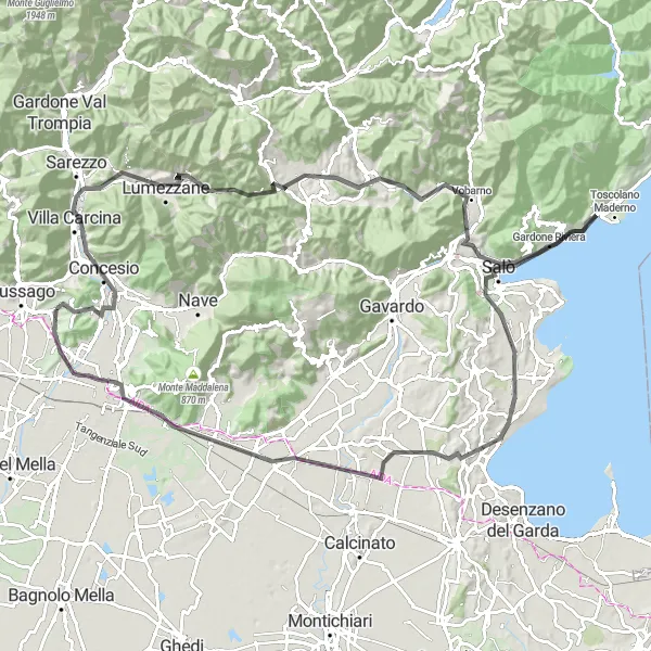 Miniatura della mappa di ispirazione al ciclismo "Alla Scoperta del Lago di Garda" nella regione di Lombardia, Italy. Generata da Tarmacs.app, pianificatore di rotte ciclistiche