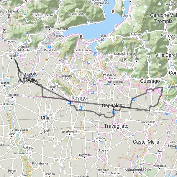 Miniatura della mappa di ispirazione al ciclismo "Giro in Bicicletta da Cellatica a Ospitaletto, Coccaglio, Palazzolo sull'Oglio, Lodetto e Mandolossa" nella regione di Lombardia, Italy. Generata da Tarmacs.app, pianificatore di rotte ciclistiche