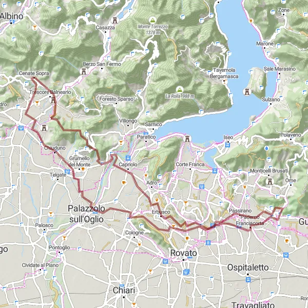 Miniatua del mapa de inspiración ciclista "Ruta en grava de Cenate Sopra a Cazzago San Martino" en Lombardia, Italy. Generado por Tarmacs.app planificador de rutas ciclistas