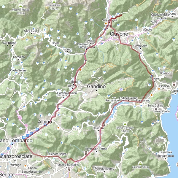 Karttaminiaatyyri "Scenic Gravel Ride to Monte Sasser" pyöräilyinspiraatiosta alueella Lombardia, Italy. Luotu Tarmacs.app pyöräilyreittisuunnittelijalla