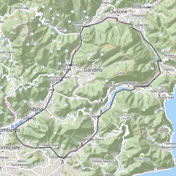 Miniatura della mappa di ispirazione al ciclismo "Da Cenate Sopra a Trescore Balneario" nella regione di Lombardia, Italy. Generata da Tarmacs.app, pianificatore di rotte ciclistiche