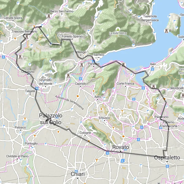 Kartminiatyr av "Cenate Sopra - Valico San Giovanni delle Formiche - Coccaglio" cykelinspiration i Lombardia, Italy. Genererad av Tarmacs.app cykelruttplanerare