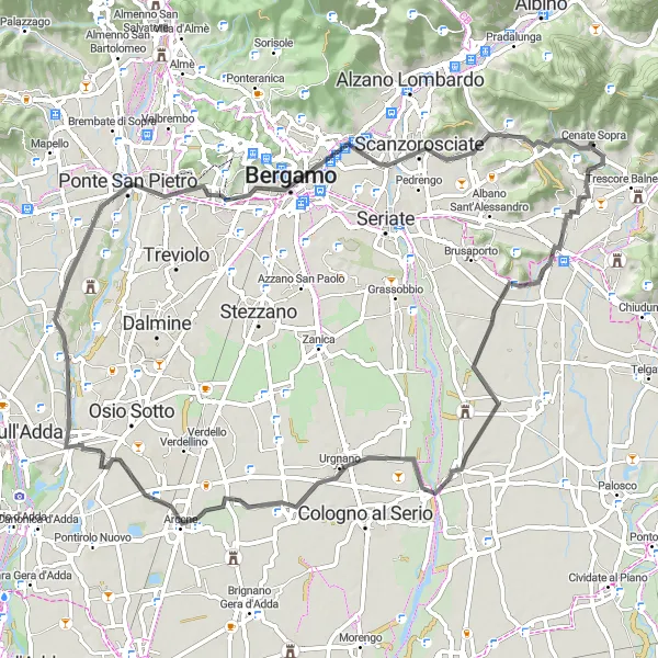 Miniaturekort af cykelinspirationen "Bergamo Bakker Road Circuit" i Lombardia, Italy. Genereret af Tarmacs.app cykelruteplanlægger