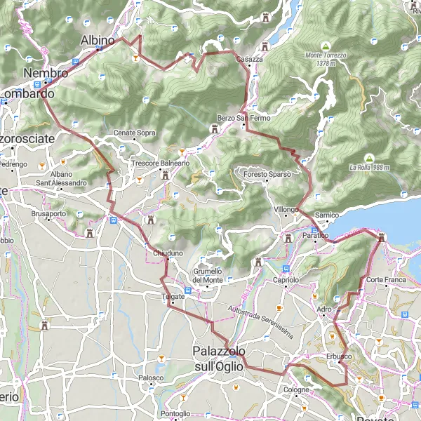 Miniatura della mappa di ispirazione al ciclismo "Percorso gravel da Cene a Pradalunga" nella regione di Lombardia, Italy. Generata da Tarmacs.app, pianificatore di rotte ciclistiche