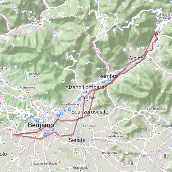 Kartminiatyr av "Grusvei sykkeltur rundt Cene" sykkelinspirasjon i Lombardia, Italy. Generert av Tarmacs.app sykkelrutoplanlegger