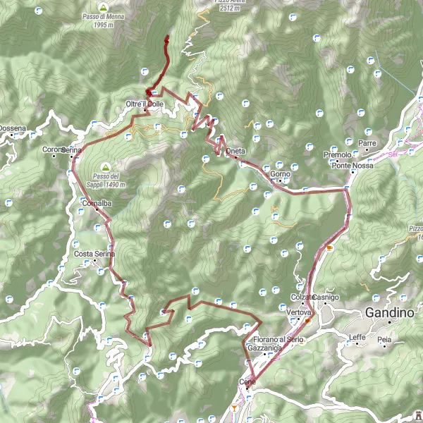 Miniatua del mapa de inspiración ciclista "Ruta de ciclismo en gravilla desde Cene a Fiorano al Serio" en Lombardia, Italy. Generado por Tarmacs.app planificador de rutas ciclistas