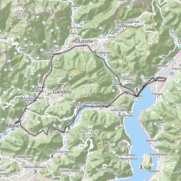 Kartminiatyr av "Vägtur till Albino och Pianico" cykelinspiration i Lombardia, Italy. Genererad av Tarmacs.app cykelruttplanerare