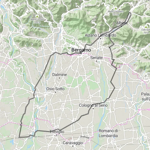 Kartminiatyr av "Montecchio til Cene via Bergamo" sykkelinspirasjon i Lombardia, Italy. Generert av Tarmacs.app sykkelrutoplanlegger