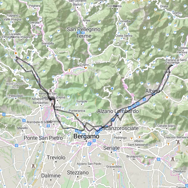 Map miniature of "Round Trip from Cene" cycling inspiration in Lombardia, Italy. Generated by Tarmacs.app cycling route planner