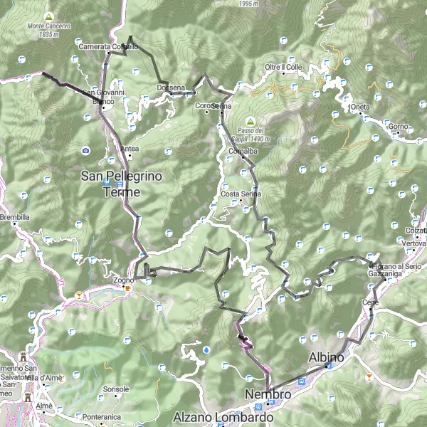 Kartminiatyr av "Utmanande bergscykling runt San Pellegrino Terme" cykelinspiration i Lombardia, Italy. Genererad av Tarmacs.app cykelruttplanerare