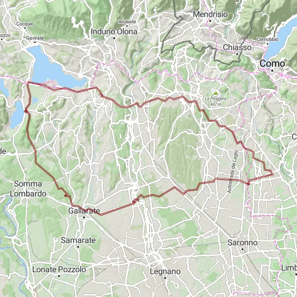 Miniatua del mapa de inspiración ciclista "Cermenate - Fenegrò - Gallarate - Monte Marino - Inarzo - Lago Varese - Binago - Cadorago" en Lombardia, Italy. Generado por Tarmacs.app planificador de rutas ciclistas