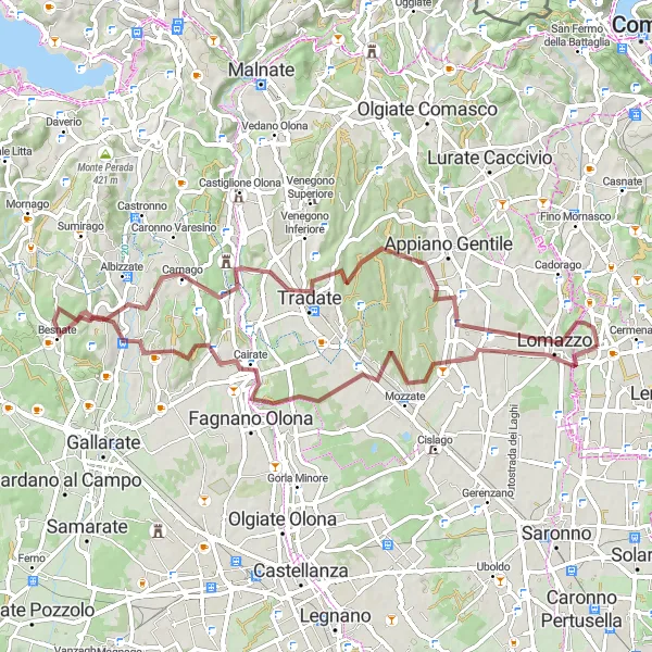 Miniature de la carte de l'inspiration cycliste "Parcours de gravel de 67 km avec des points forts à Locate Varesino, Cairate, Monte Martino, Carnago, Tradate, Veniano et Caslino al Piano" dans la Lombardia, Italy. Générée par le planificateur d'itinéraire cycliste Tarmacs.app