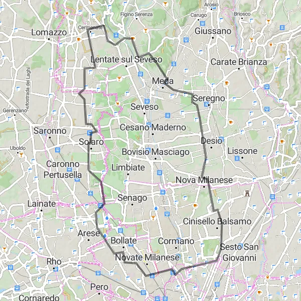 Miniature de la carte de l'inspiration cycliste "Boucle de 63 km avec des points forts à Meda, Desio, Bruzzano et Lazzate" dans la Lombardia, Italy. Générée par le planificateur d'itinéraire cycliste Tarmacs.app