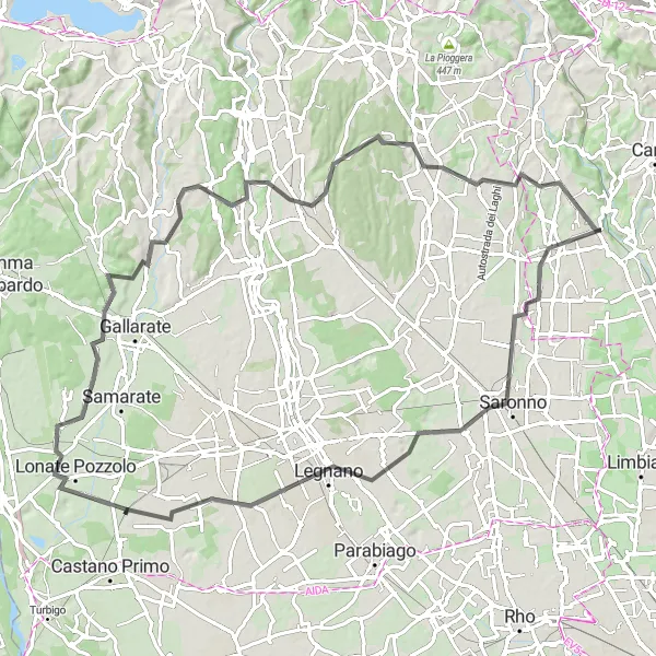 Miniatua del mapa de inspiración ciclista "Cermenate - Bregnano - Legnano - Cardano al Campo - Monte Diviso - Tradate - Appiano Gentile" en Lombardia, Italy. Generado por Tarmacs.app planificador de rutas ciclistas