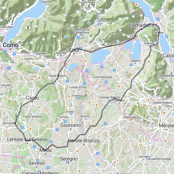 Miniatua del mapa de inspiración ciclista "Cermenate - Cantù - Erba - Belvedere - Valmadrera - I Corno - Barzanò - Verano Brianza - Lentate sul Seveso" en Lombardia, Italy. Generado por Tarmacs.app planificador de rutas ciclistas