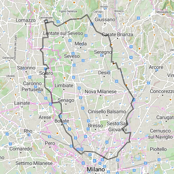 Miniatua del mapa de inspiración ciclista "Ruta en carretera por Cermenate y alrededores" en Lombardia, Italy. Generado por Tarmacs.app planificador de rutas ciclistas
