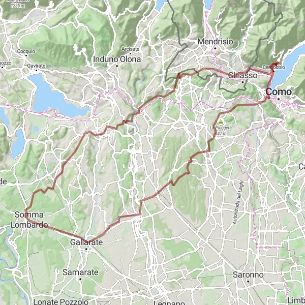 Map miniature of "Cernobbio - Cardina Gravel Loop" cycling inspiration in Lombardia, Italy. Generated by Tarmacs.app cycling route planner