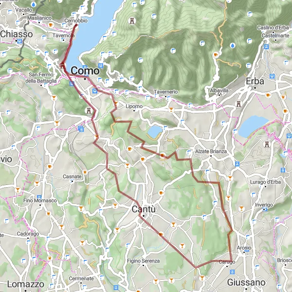 Zemljevid v pomanjšavi "105082: Cernobbio - Lombardia Gravel Cycling Route" kolesarske inspiracije v Lombardia, Italy. Generirano z načrtovalcem kolesarskih poti Tarmacs.app