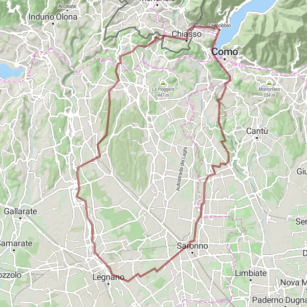 Kartminiatyr av "Grusvei fra Cernobbio til Binago og tilbake" sykkelinspirasjon i Lombardia, Italy. Generert av Tarmacs.app sykkelrutoplanlegger