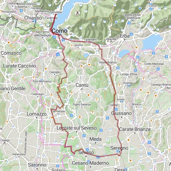Miniaturekort af cykelinspirationen "Grusvejscykelrute rundt om Cernobbio" i Lombardia, Italy. Genereret af Tarmacs.app cykelruteplanlægger