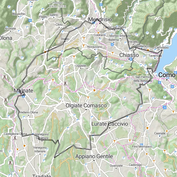 Miniature de la carte de l'inspiration cycliste "Exploration de la nature près de Cernobbio" dans la Lombardia, Italy. Générée par le planificateur d'itinéraire cycliste Tarmacs.app
