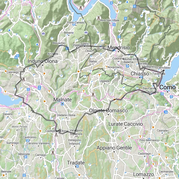 Miniatura della mappa di ispirazione al ciclismo "La Strada dei Monti a Sud di Como" nella regione di Lombardia, Italy. Generata da Tarmacs.app, pianificatore di rotte ciclistiche