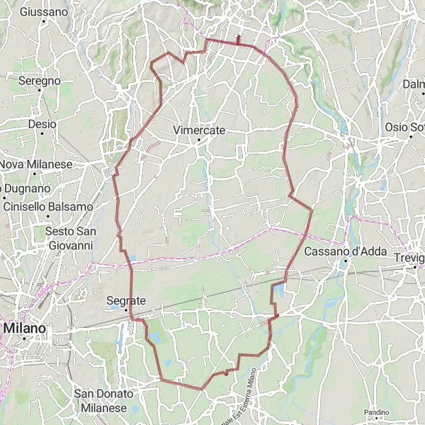 Miniatuurkaart van de fietsinspiratie "Gravelavontuur rond Basiano" in Lombardia, Italy. Gemaakt door de Tarmacs.app fietsrouteplanner