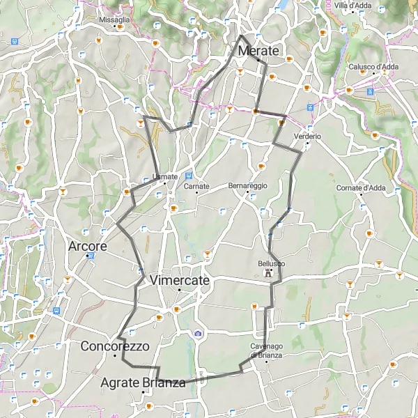 Kartminiatyr av "Sulbiate til Cernusco Lombardone Road Rundtur" sykkelinspirasjon i Lombardia, Italy. Generert av Tarmacs.app sykkelrutoplanlegger