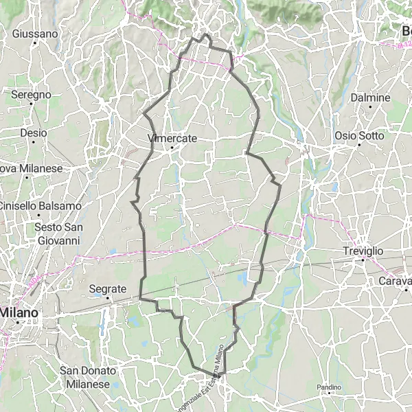 Miniature de la carte de l'inspiration cycliste "Les trésors de la campagne lombarde" dans la Lombardia, Italy. Générée par le planificateur d'itinéraire cycliste Tarmacs.app