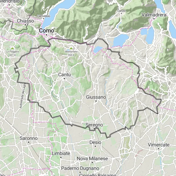 Miniatura della mappa di ispirazione al ciclismo "Giro su Strada tra Lesmo e la Terrazza Belvedere" nella regione di Lombardia, Italy. Generata da Tarmacs.app, pianificatore di rotte ciclistiche