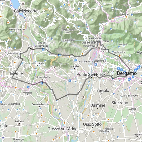 Miniatura della mappa di ispirazione al ciclismo "Giro in bicicletta da Cernusco Lombardone a Bergamo" nella regione di Lombardia, Italy. Generata da Tarmacs.app, pianificatore di rotte ciclistiche
