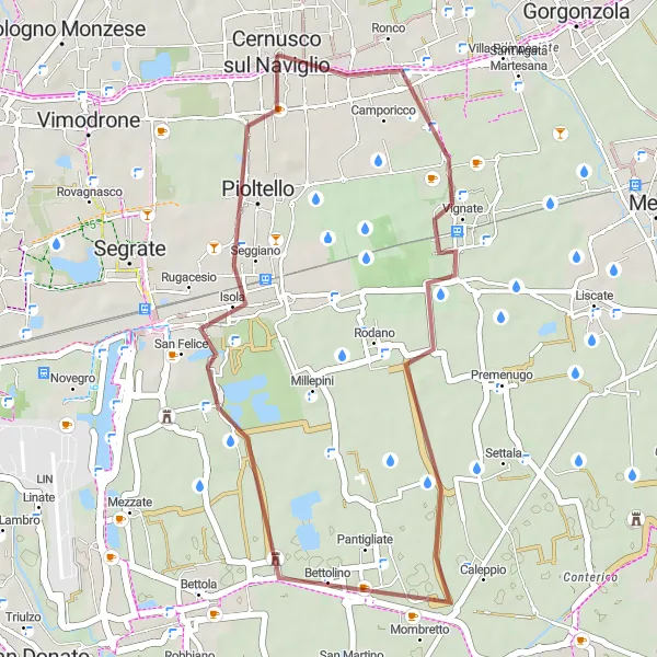 Zemljevid v pomanjšavi "Gravelna avantura okoli Cernusca sul Naviglio" kolesarske inspiracije v Lombardia, Italy. Generirano z načrtovalcem kolesarskih poti Tarmacs.app
