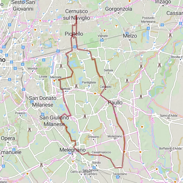 Miniatura della mappa di ispirazione al ciclismo "Giro in Gravel tra Casalmaiocco e Pioltello" nella regione di Lombardia, Italy. Generata da Tarmacs.app, pianificatore di rotte ciclistiche