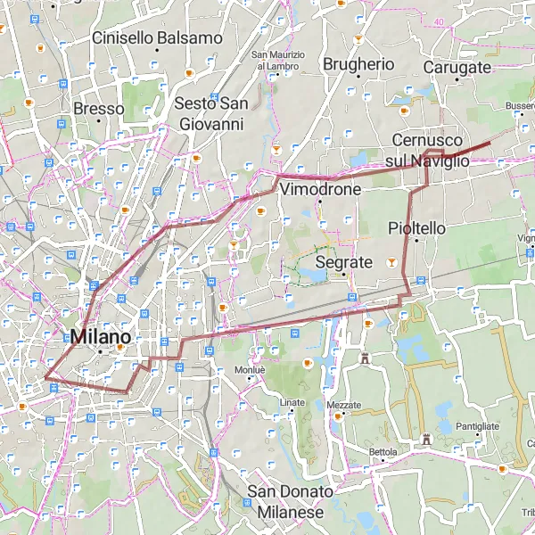 Miniatua del mapa de inspiración ciclista "Ruta de Grava a Cernusco sul Naviglio" en Lombardia, Italy. Generado por Tarmacs.app planificador de rutas ciclistas