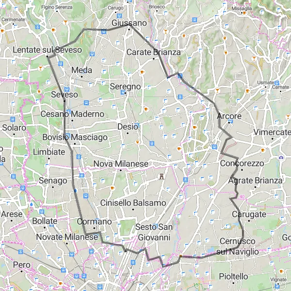 Miniatuurkaart van de fietsinspiratie "Cormano naar Concorezzo Road Route" in Lombardia, Italy. Gemaakt door de Tarmacs.app fietsrouteplanner