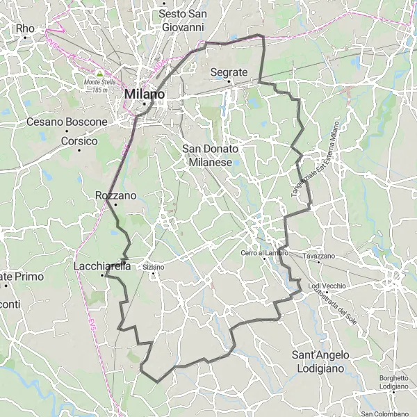 Kartminiatyr av "Oppdag San Zenone al Lambro og Milan på landeveien" sykkelinspirasjon i Lombardia, Italy. Generert av Tarmacs.app sykkelrutoplanlegger