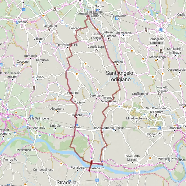 Miniature de la carte de l'inspiration cycliste "Excursion à vélo tout-terrain de 73 km autour de Cerro al Lambro" dans la Lombardia, Italy. Générée par le planificateur d'itinéraire cycliste Tarmacs.app