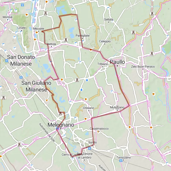 Miniatuurkaart van de fietsinspiratie "Gravelroute naar Paullo en Melegnano" in Lombardia, Italy. Gemaakt door de Tarmacs.app fietsrouteplanner