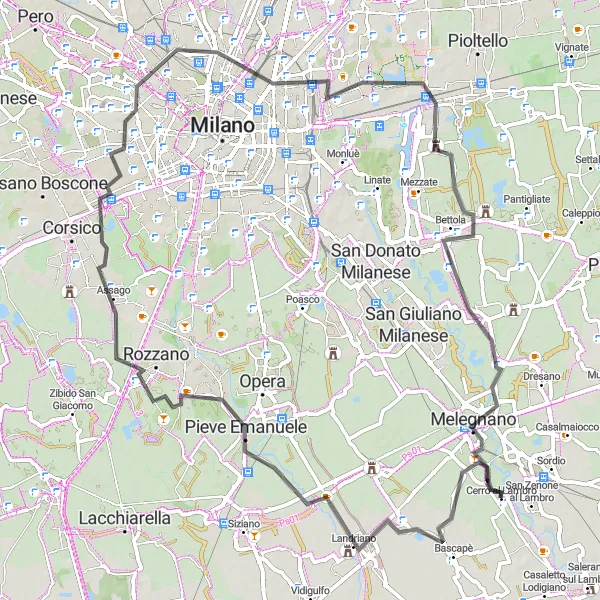 Miniatua del mapa de inspiración ciclista "Cicloturismo en Lombardia: Cerro al Lambro y Melegnano" en Lombardia, Italy. Generado por Tarmacs.app planificador de rutas ciclistas