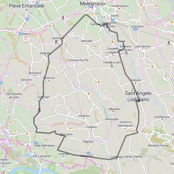 Miniatua del mapa de inspiración ciclista "Recorrido en carretera a San Zenone al Lambro" en Lombardia, Italy. Generado por Tarmacs.app planificador de rutas ciclistas