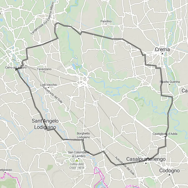 Kartminiatyr av "Cycling from Cerro al Lambro to Casaletto Lodigiano" sykkelinspirasjon i Lombardia, Italy. Generert av Tarmacs.app sykkelrutoplanlegger