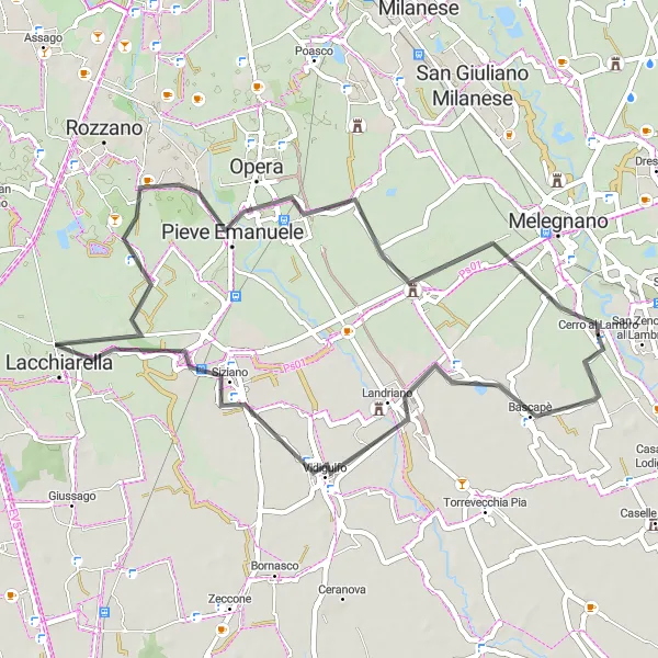 Miniature de la carte de l'inspiration cycliste "Exploration Vers Carpiano" dans la Lombardia, Italy. Générée par le planificateur d'itinéraire cycliste Tarmacs.app
