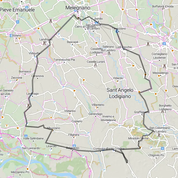 Miniatua del mapa de inspiración ciclista "Excursión en bici por Belgioioso y Landriano" en Lombardia, Italy. Generado por Tarmacs.app planificador de rutas ciclistas