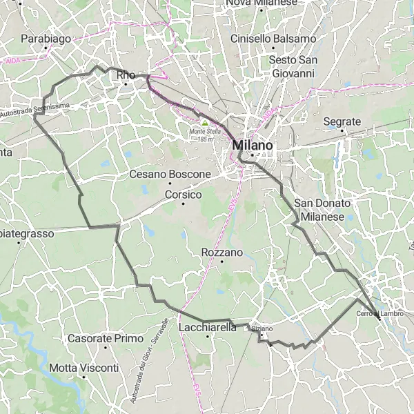Map miniature of "Cerro al Lambro to Melegnano Loop" cycling inspiration in Lombardia, Italy. Generated by Tarmacs.app cycling route planner