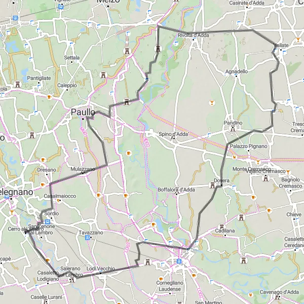 Mapa miniatúra "Cyklistická trasa cez Mulazzano a Lodi" cyklistická inšpirácia v Lombardia, Italy. Vygenerované cyklistickým plánovačom trás Tarmacs.app
